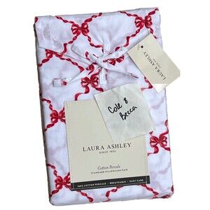Laura Ashley Bow Ribbon Red Cotton Percale STANDARD Pillowcase Set Of 2 New